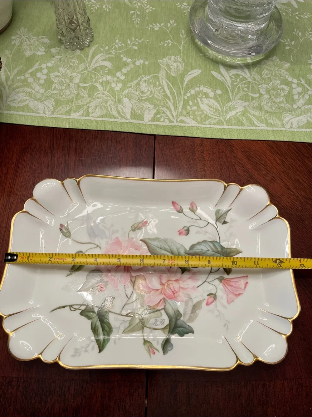 Antique Limoges White Porcelain Platter with Pink Floral Bouquet and Gold Trim